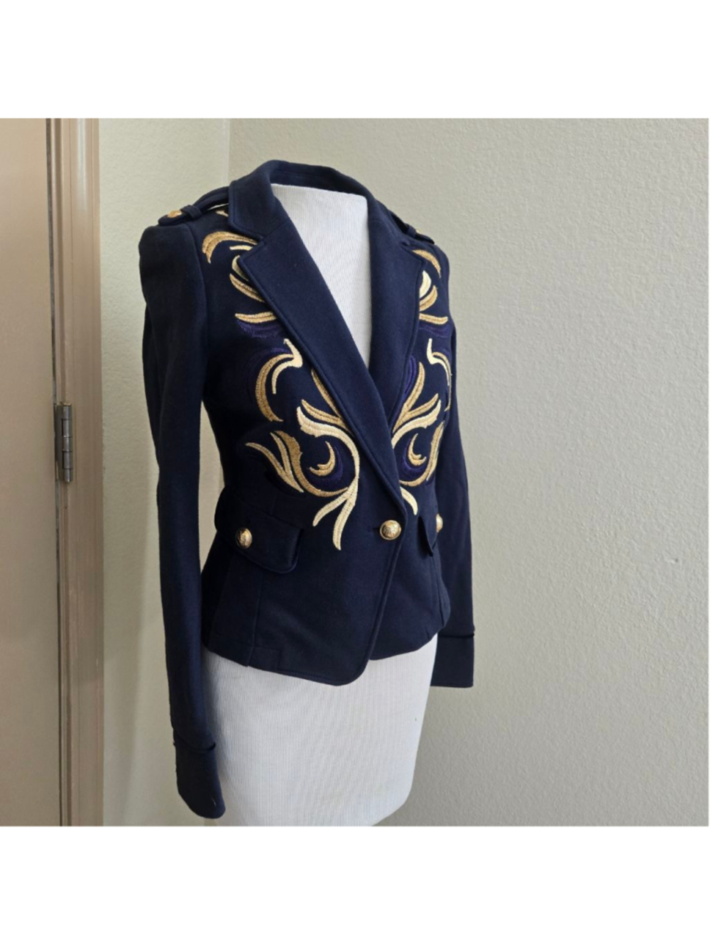 Marella Navy Gold Bullion Embroidery Blazer Military style Jacket Size 4